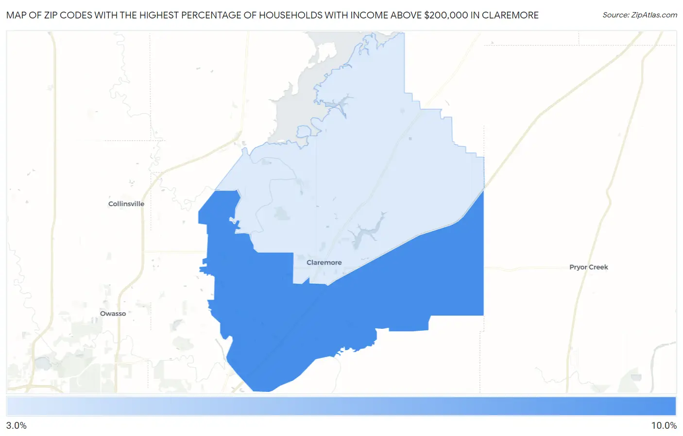 Zip Codes with the Highest Percentage of Households with Income Above $200,000 in Claremore Map