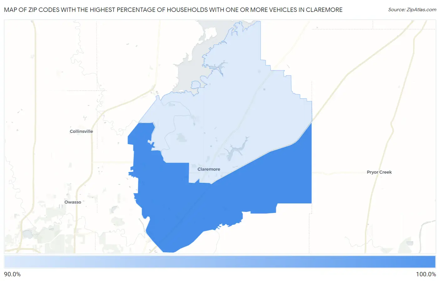 Zip Codes with the Highest Percentage of Households With One or more Vehicles in Claremore Map