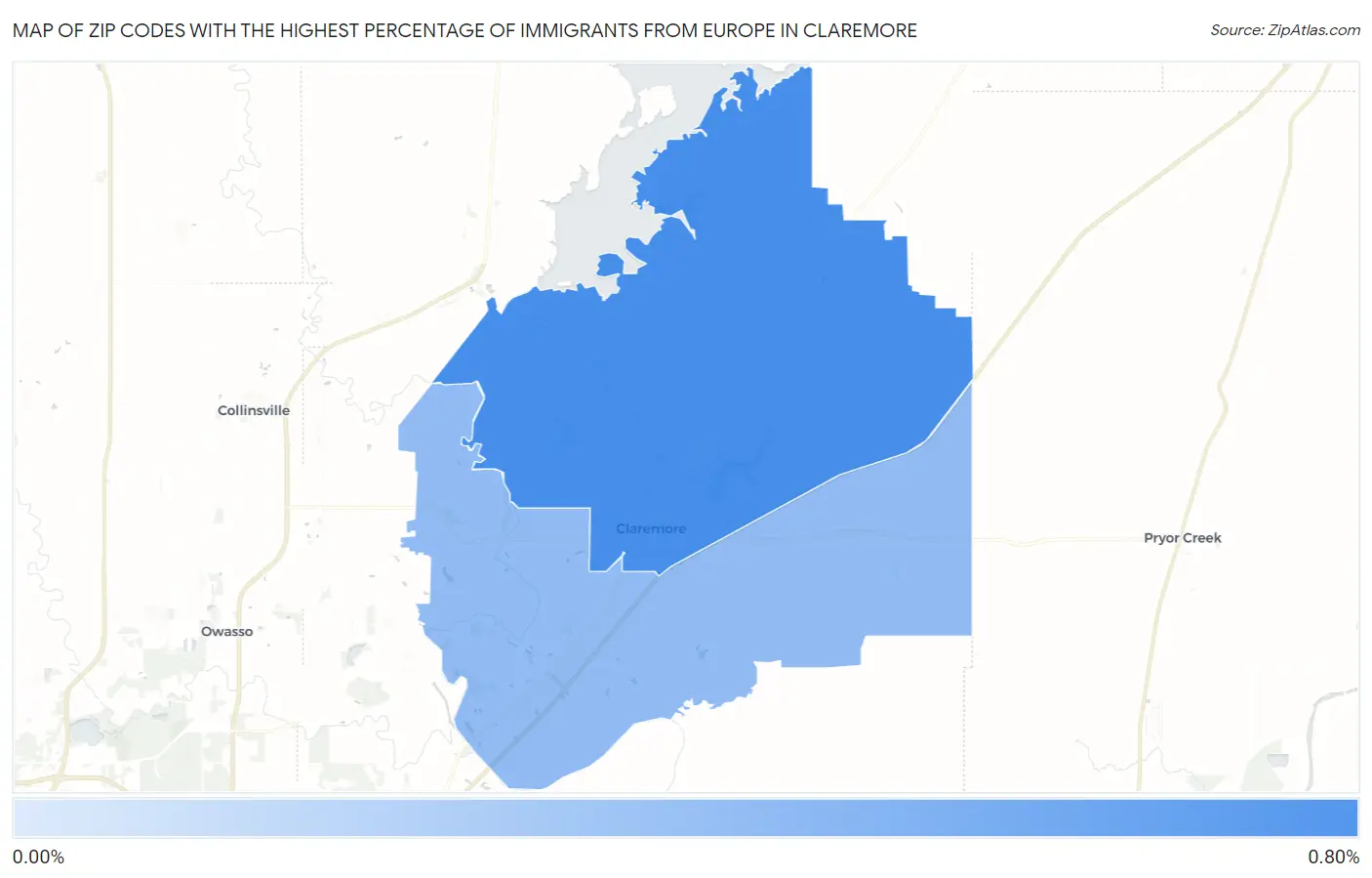 Zip Codes with the Highest Percentage of Immigrants from Europe in Claremore Map