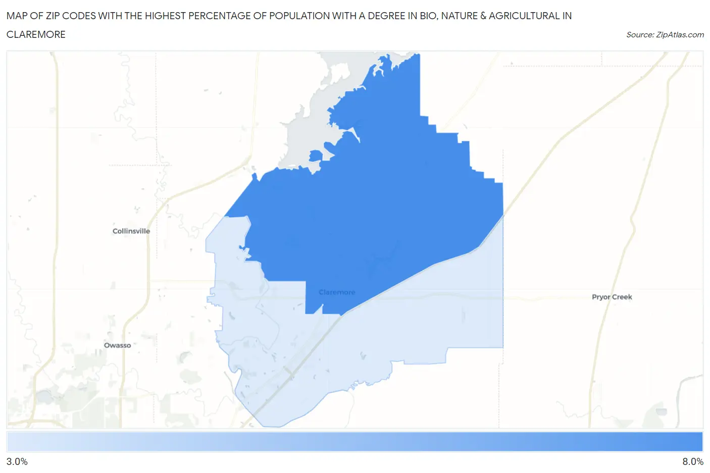 Zip Codes with the Highest Percentage of Population with a Degree in Bio, Nature & Agricultural in Claremore Map