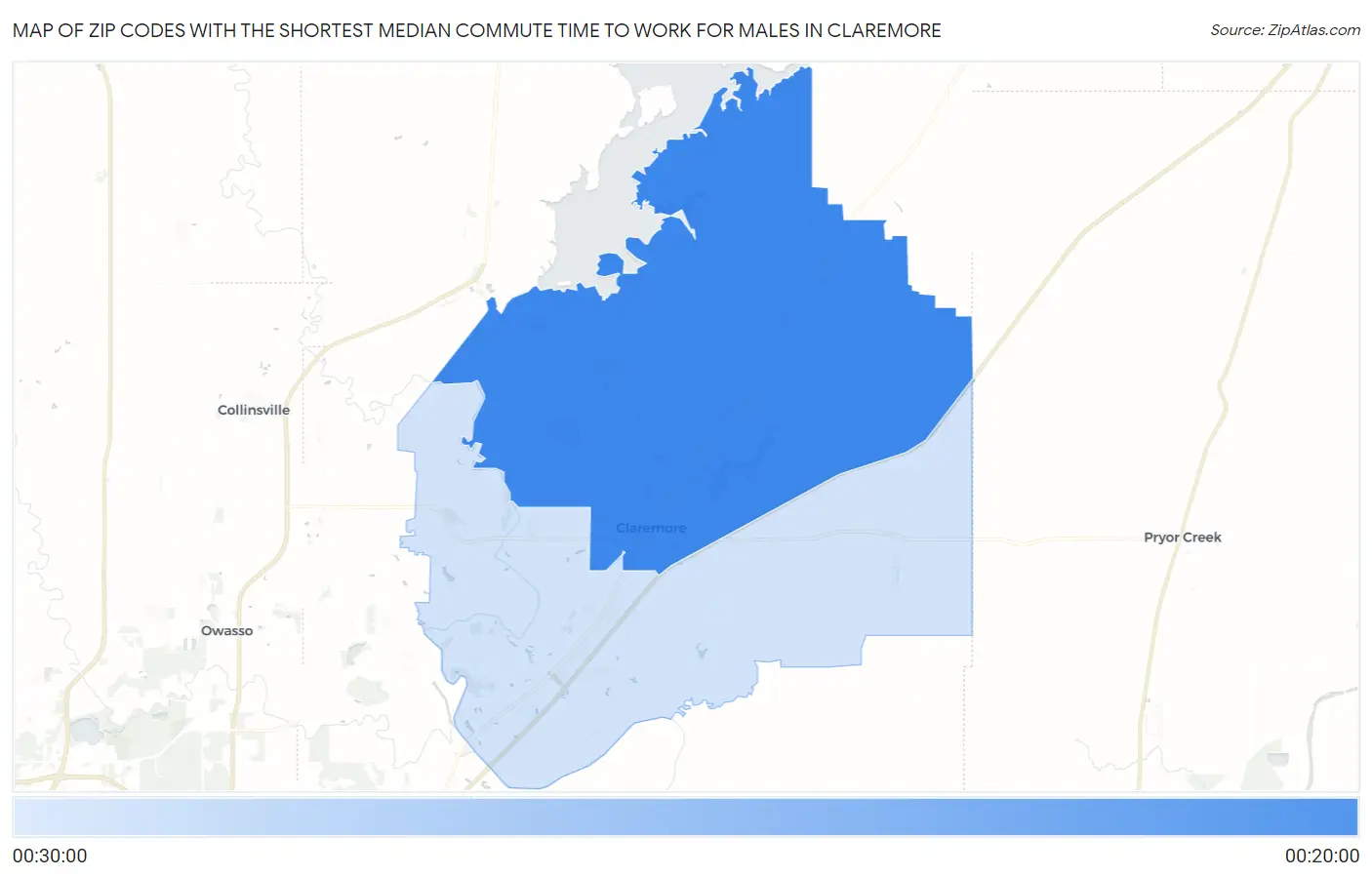 Zip Codes with the Shortest Median Commute Time to Work for Males in Claremore Map