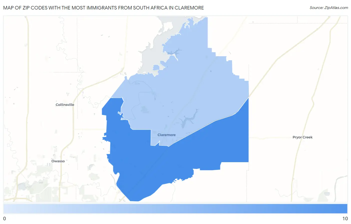 Zip Codes with the Most Immigrants from South Africa in Claremore Map