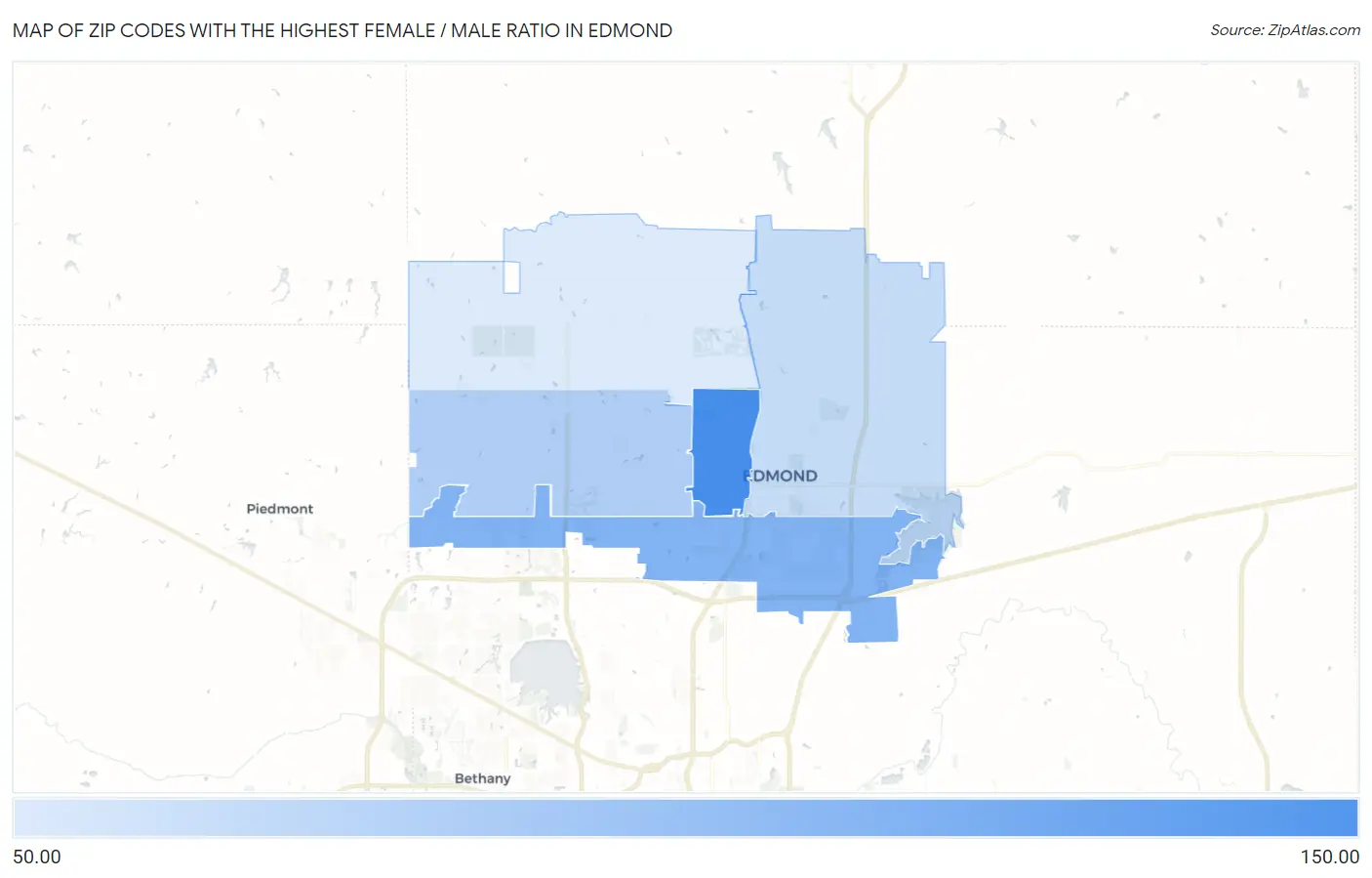Zip Codes with the Highest Female / Male Ratio in Edmond Map