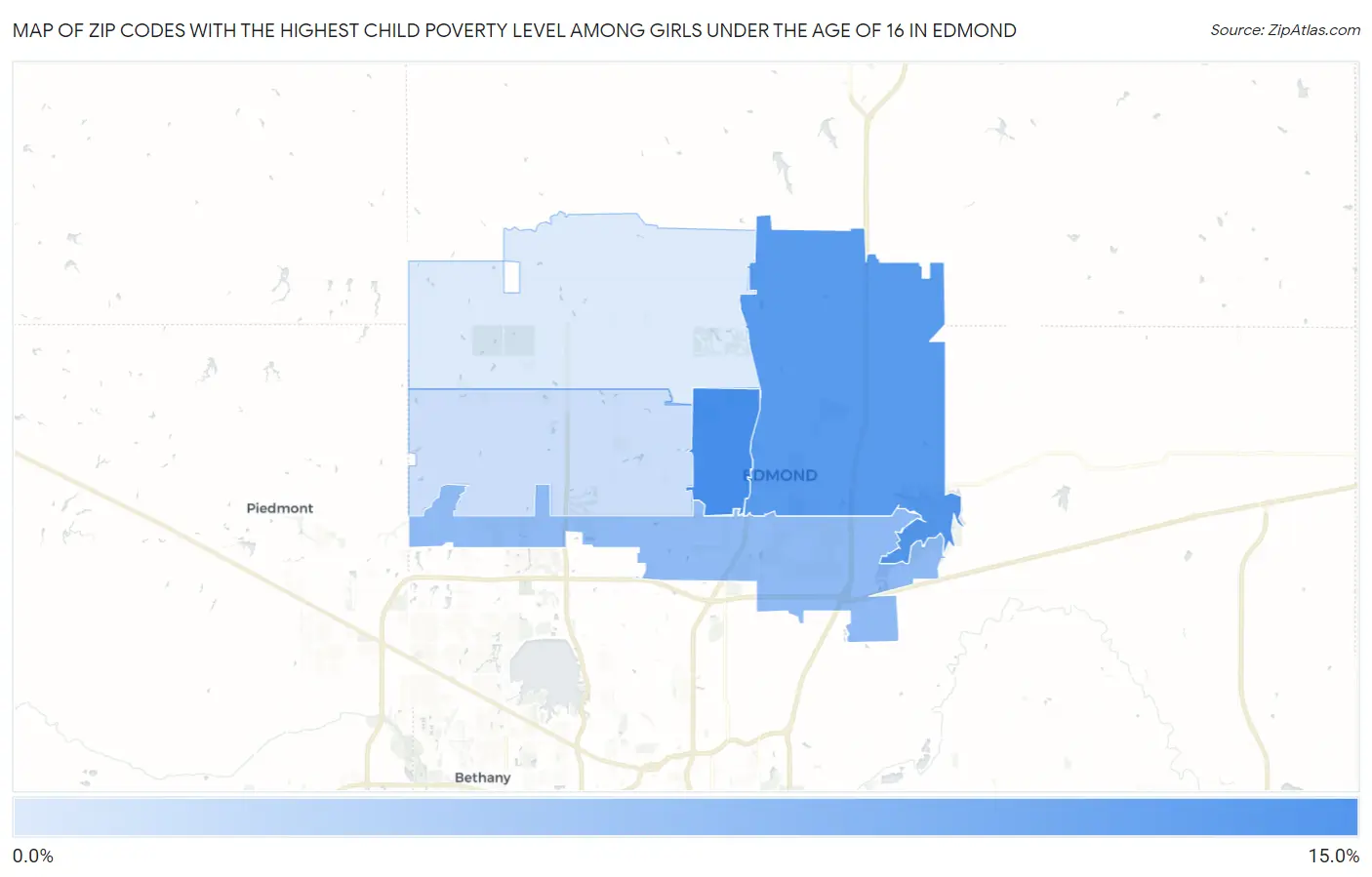 Zip Codes with the Highest Child Poverty Level Among Girls Under the Age of 16 in Edmond Map