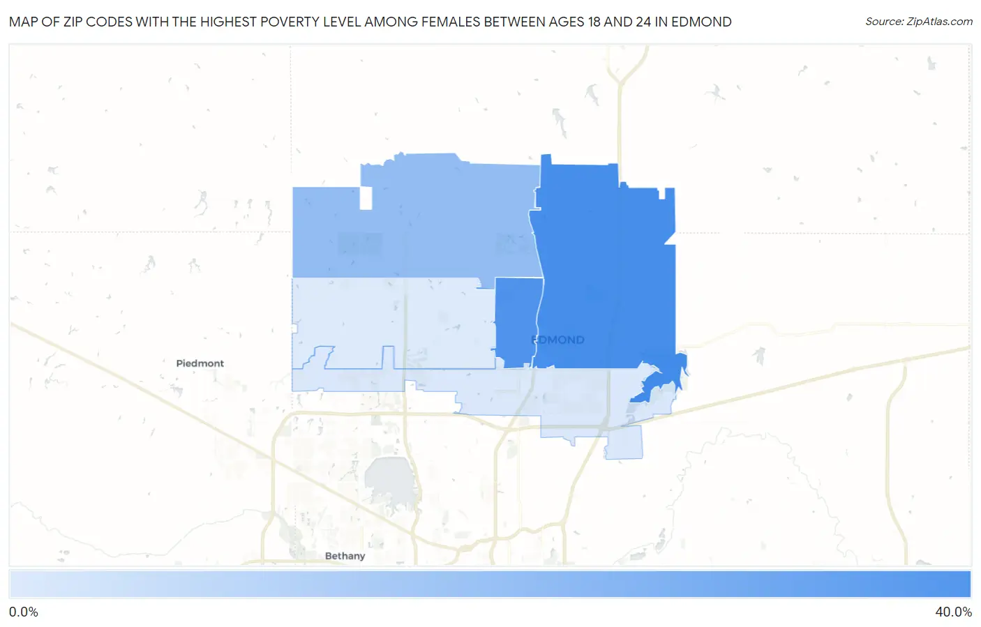 Zip Codes with the Highest Poverty Level Among Females Between Ages 18 and 24 in Edmond Map