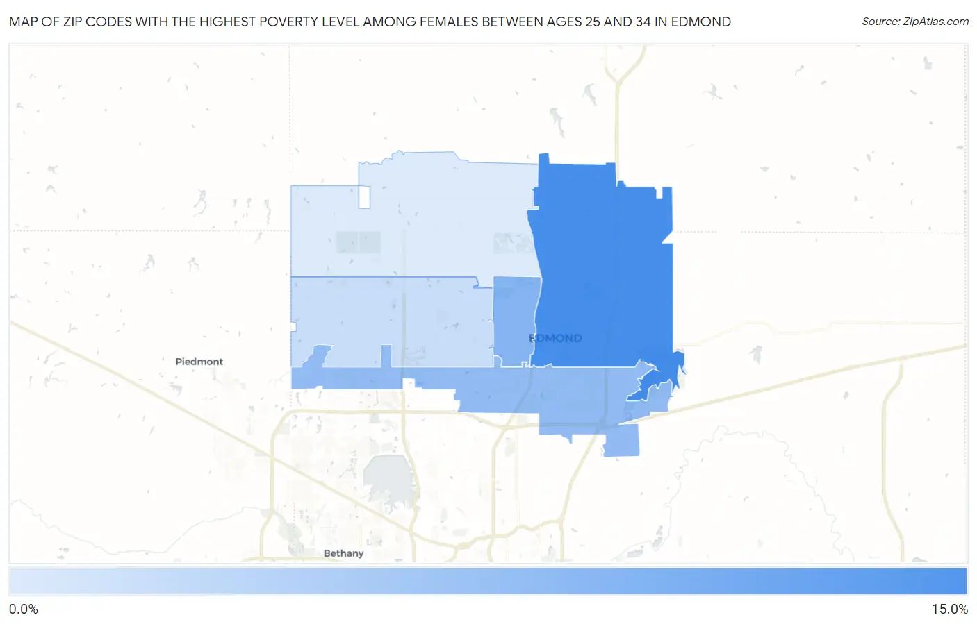 Zip Codes with the Highest Poverty Level Among Females Between Ages 25 and 34 in Edmond Map