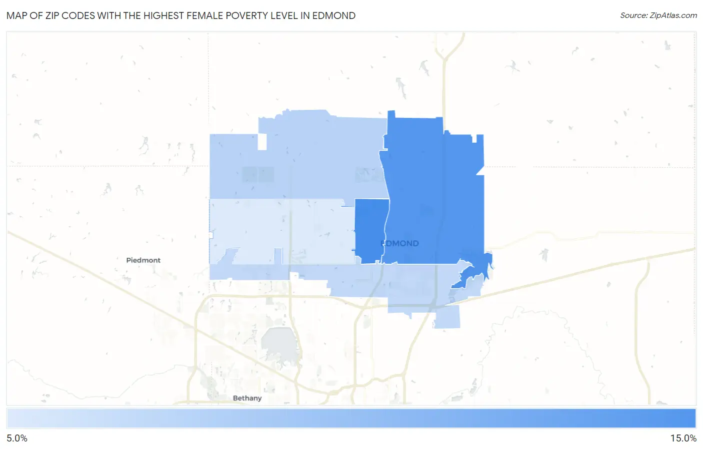 Zip Codes with the Highest Female Poverty Level in Edmond Map