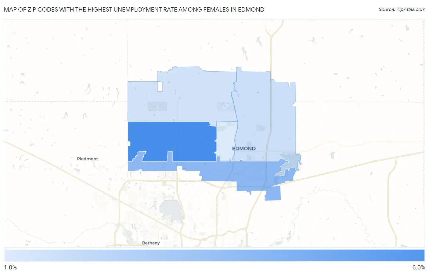 Zip Codes with the Highest Unemployment Rate Among Females in Edmond Map