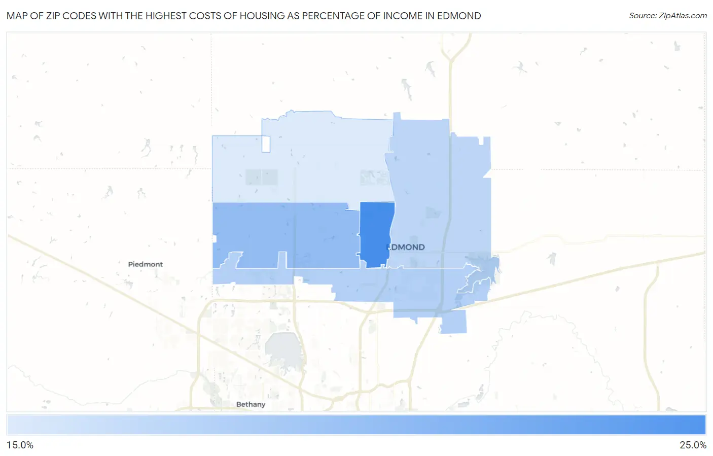 Zip Codes with the Highest Costs of Housing as Percentage of Income in Edmond Map