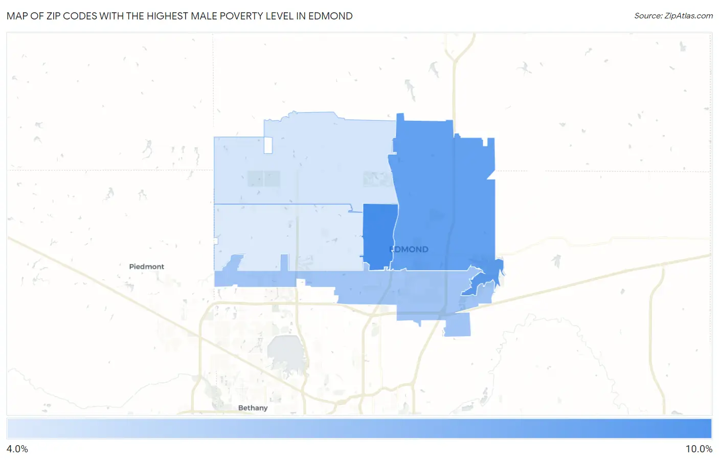 Zip Codes with the Highest Male Poverty Level in Edmond Map
