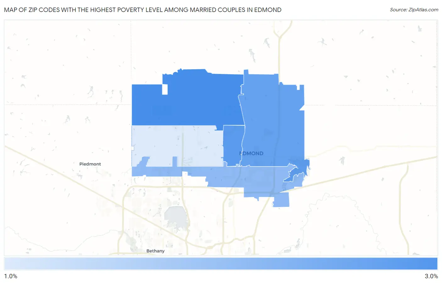 Zip Codes with the Highest Poverty Level Among Married Couples in Edmond Map