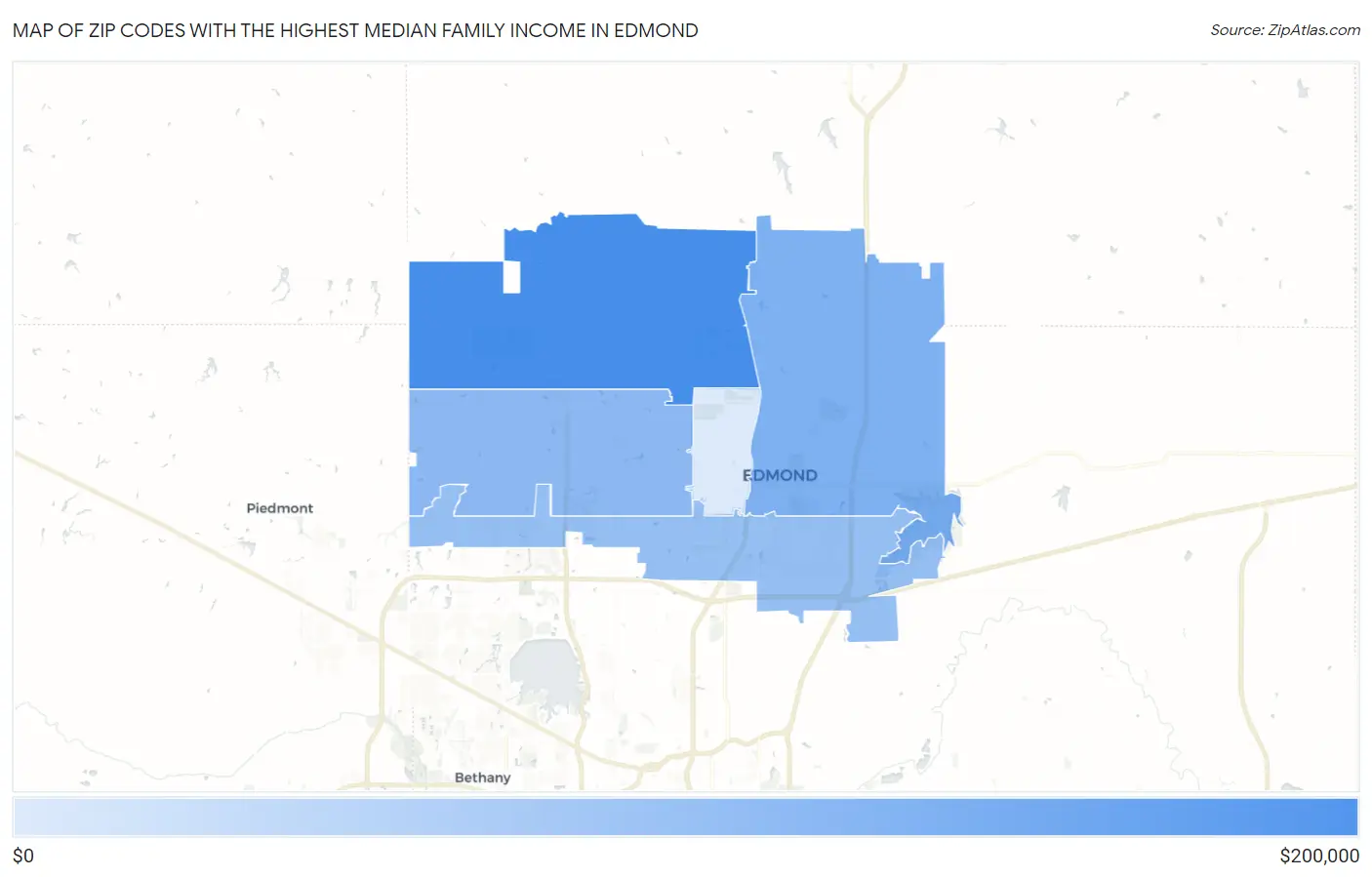 Zip Codes with the Highest Median Family Income in Edmond Map