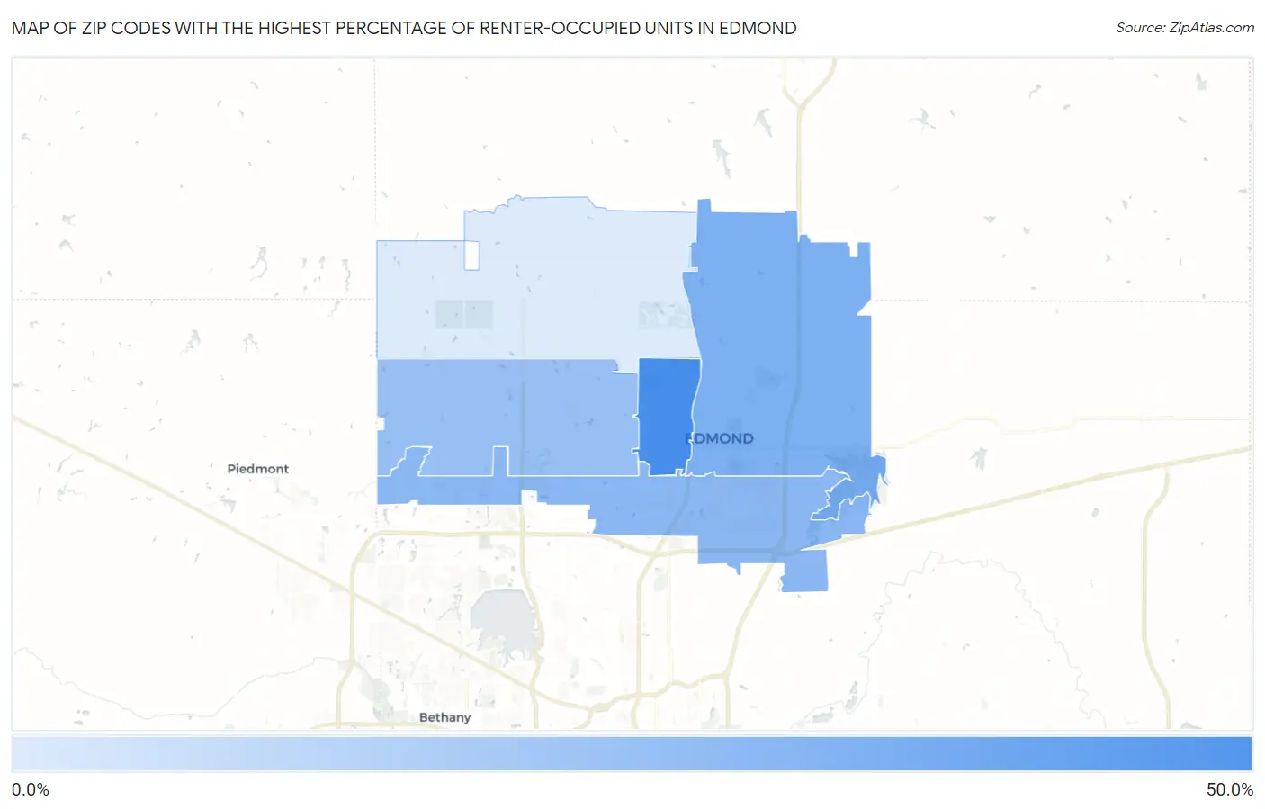 Zip Codes with the Highest Percentage of Renter-Occupied Units in Edmond Map