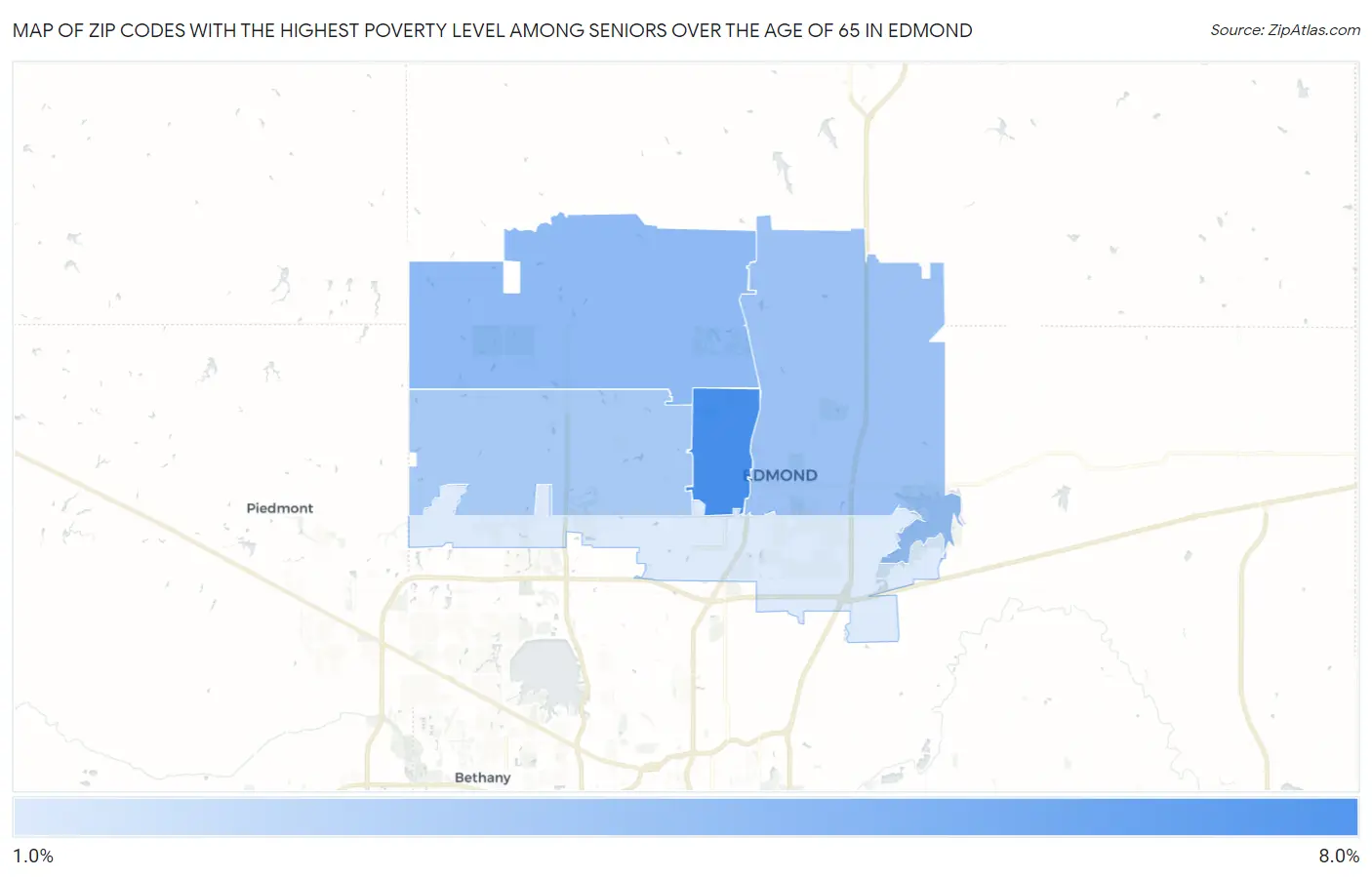 Zip Codes with the Highest Poverty Level Among Seniors Over the Age of 65 in Edmond Map
