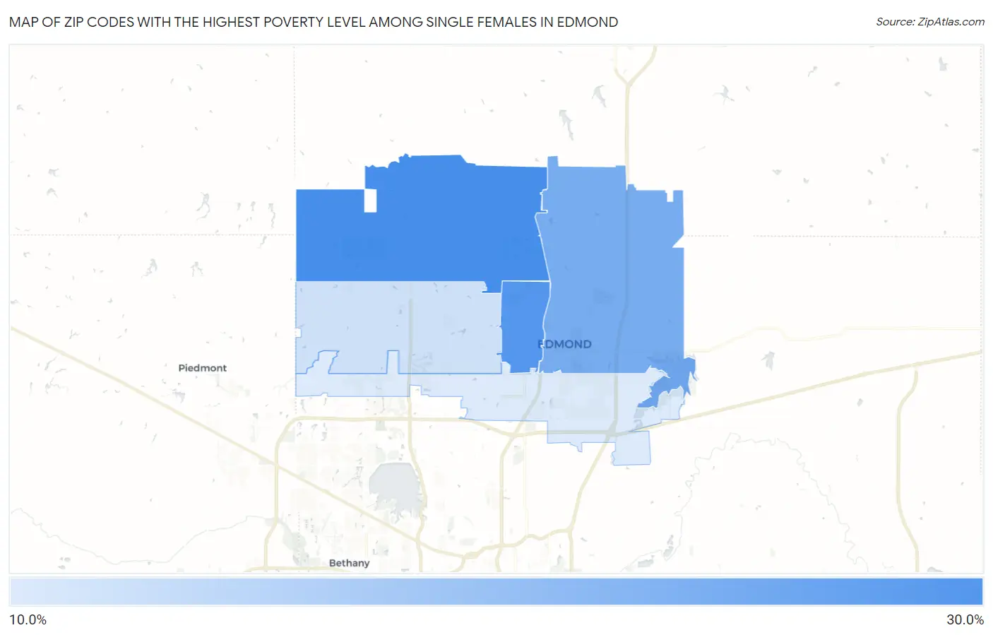 Zip Codes with the Highest Poverty Level Among Single Females in Edmond Map