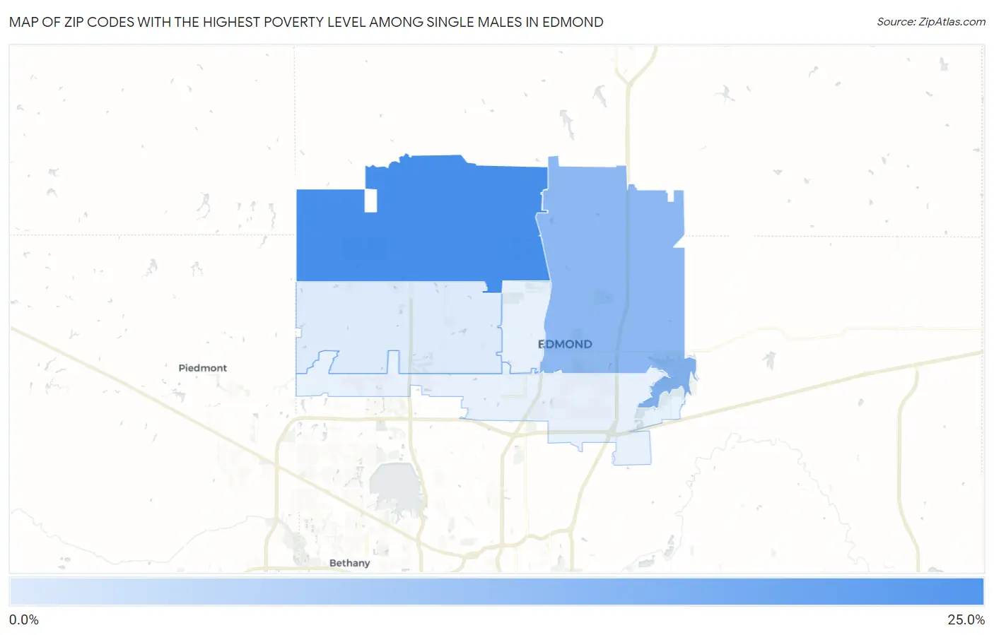 Zip Codes with the Highest Poverty Level Among Single Males in Edmond Map