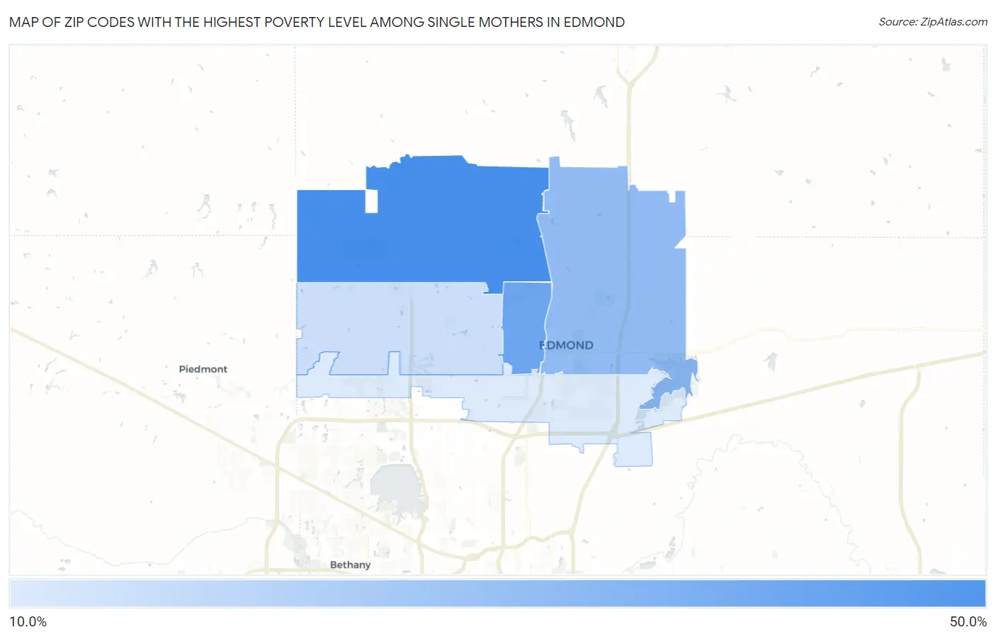 Zip Codes with the Highest Poverty Level Among Single Mothers in Edmond Map