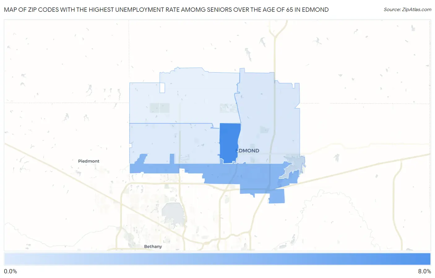 Zip Codes with the Highest Unemployment Rate Amomg Seniors Over the Age of 65 in Edmond Map