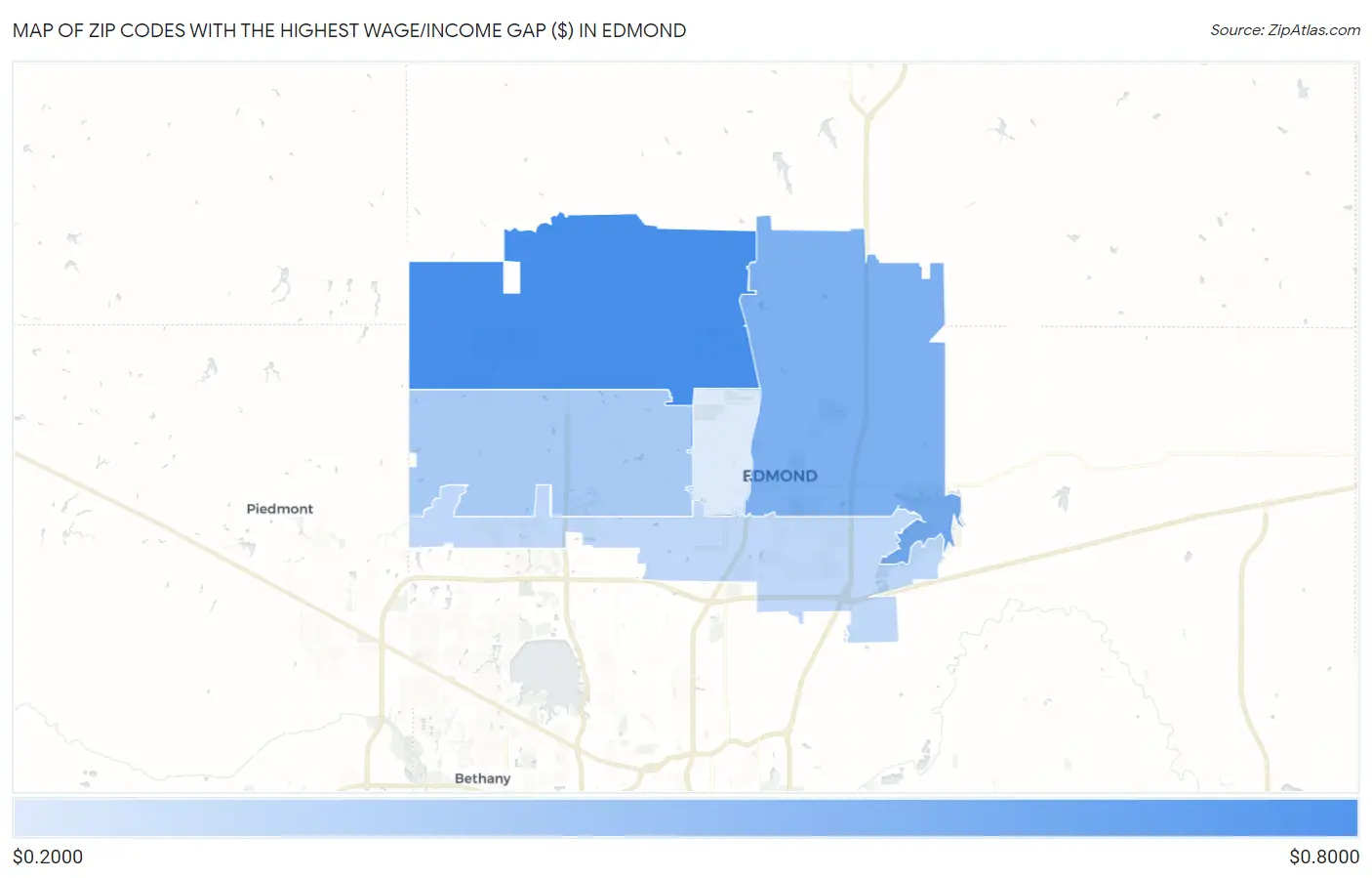 Zip Codes with the Highest Wage/Income Gap ($) in Edmond Map