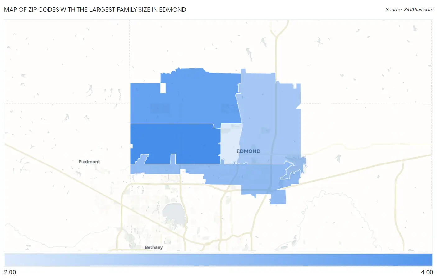 Zip Codes with the Largest Family Size in Edmond Map