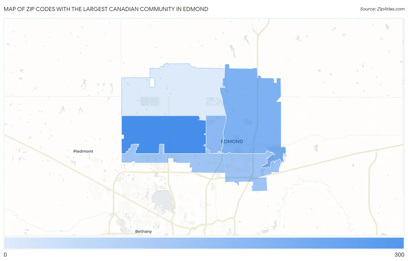 Zip Codes with the Largest Canadian Community in Edmond Map
