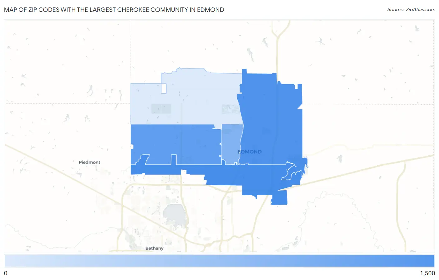 Zip Codes with the Largest Cherokee Community in Edmond Map