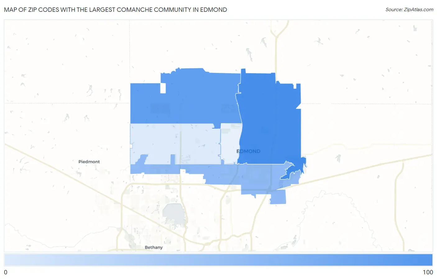 Zip Codes with the Largest Comanche Community in Edmond Map