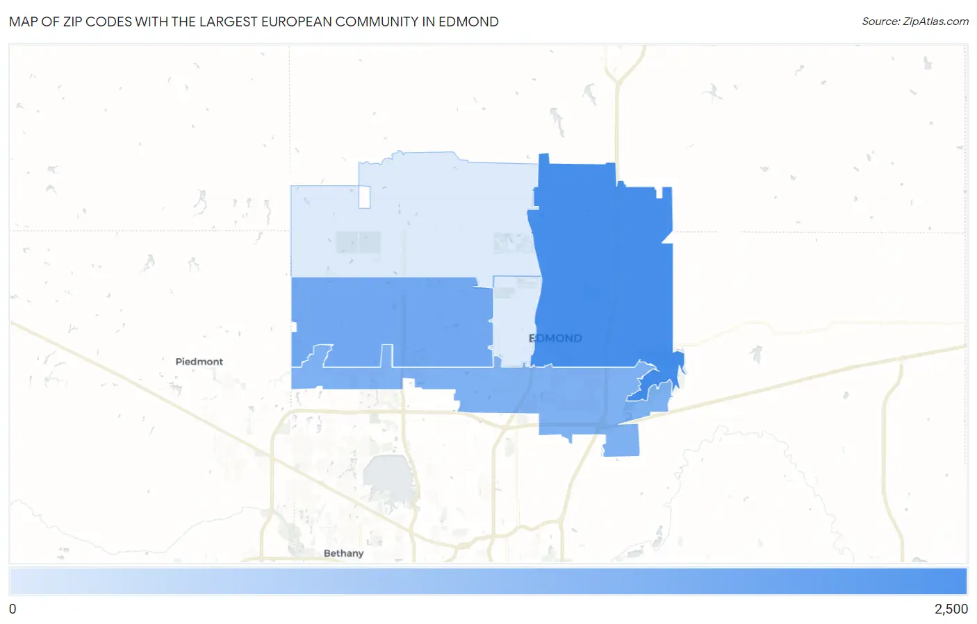 Zip Codes with the Largest European Community in Edmond Map