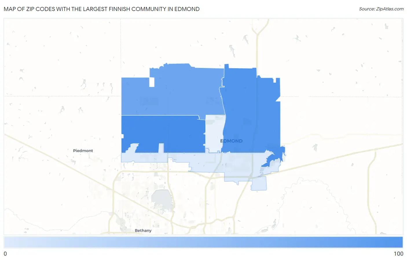 Zip Codes with the Largest Finnish Community in Edmond Map