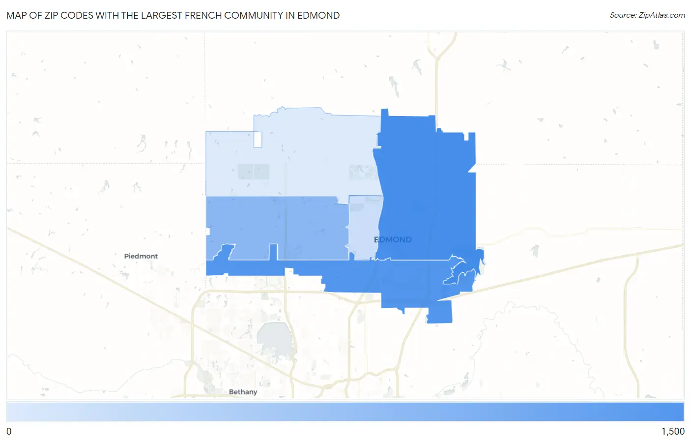 Zip Codes with the Largest French Community in Edmond Map