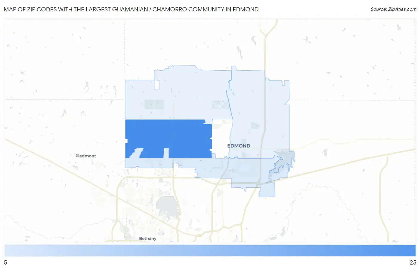 Zip Codes with the Largest Guamanian / Chamorro Community in Edmond Map
