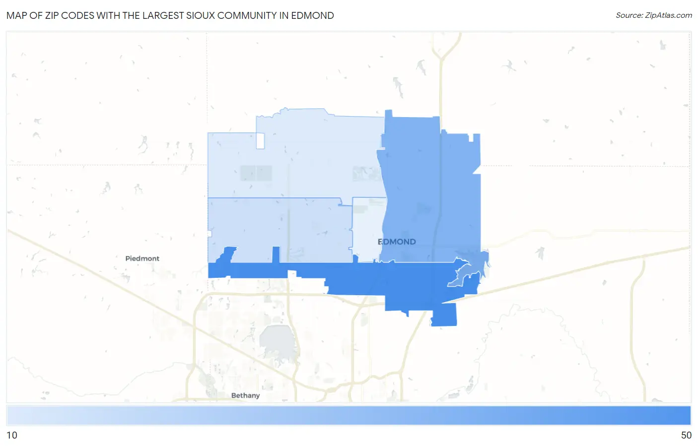 Zip Codes with the Largest Sioux Community in Edmond Map