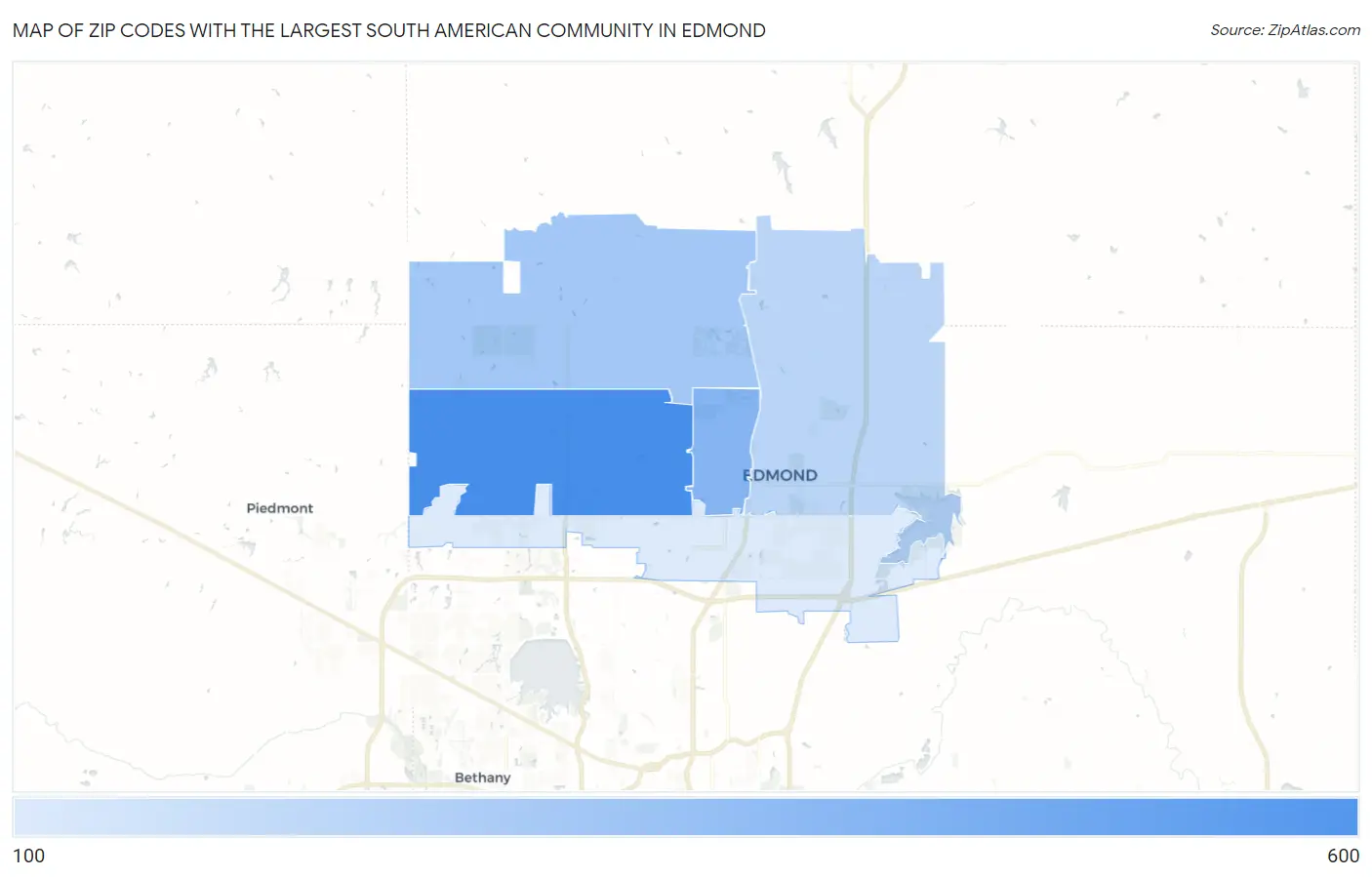 Zip Codes with the Largest South American Community in Edmond Map