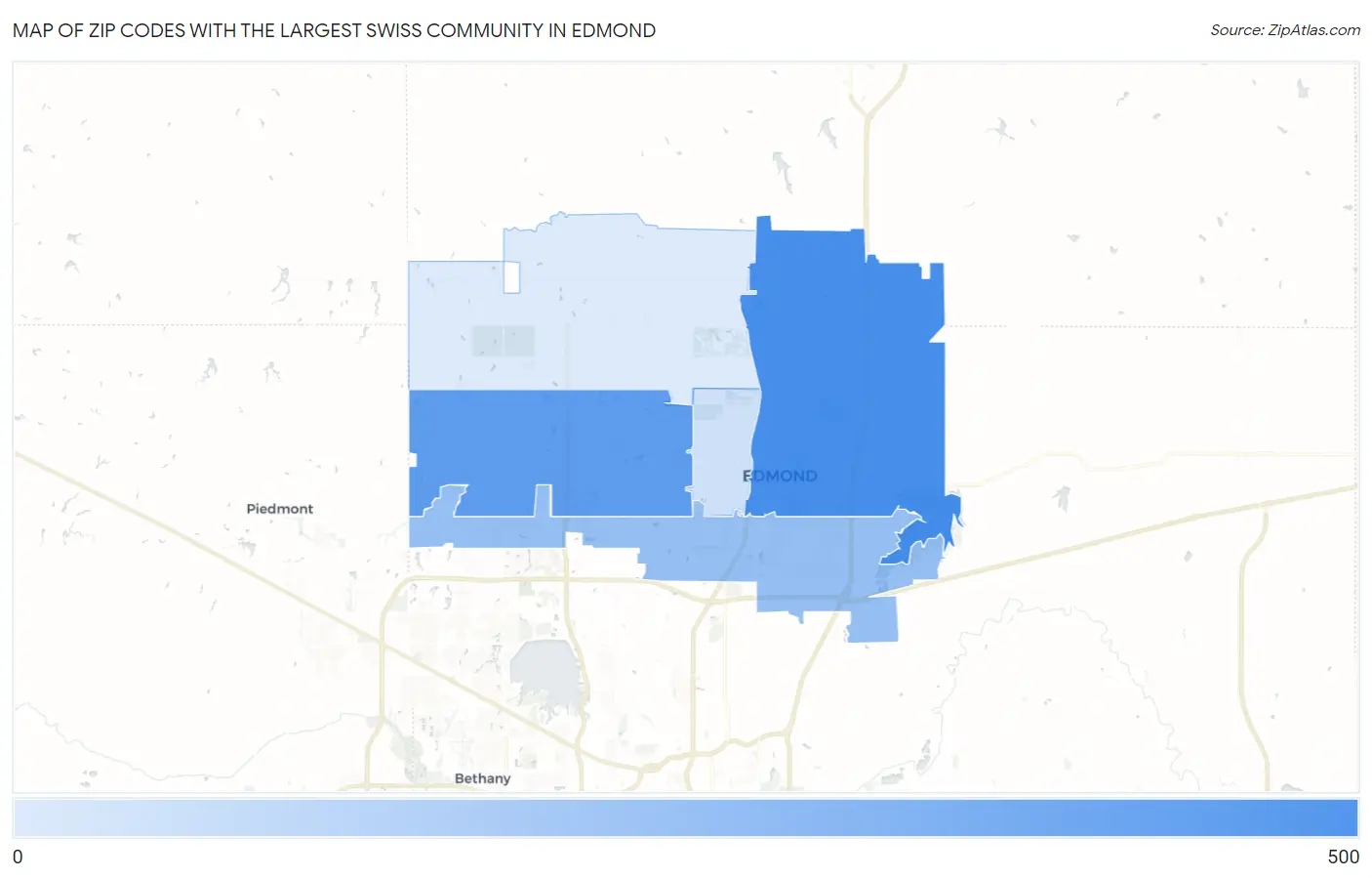 Zip Codes with the Largest Swiss Community in Edmond Map