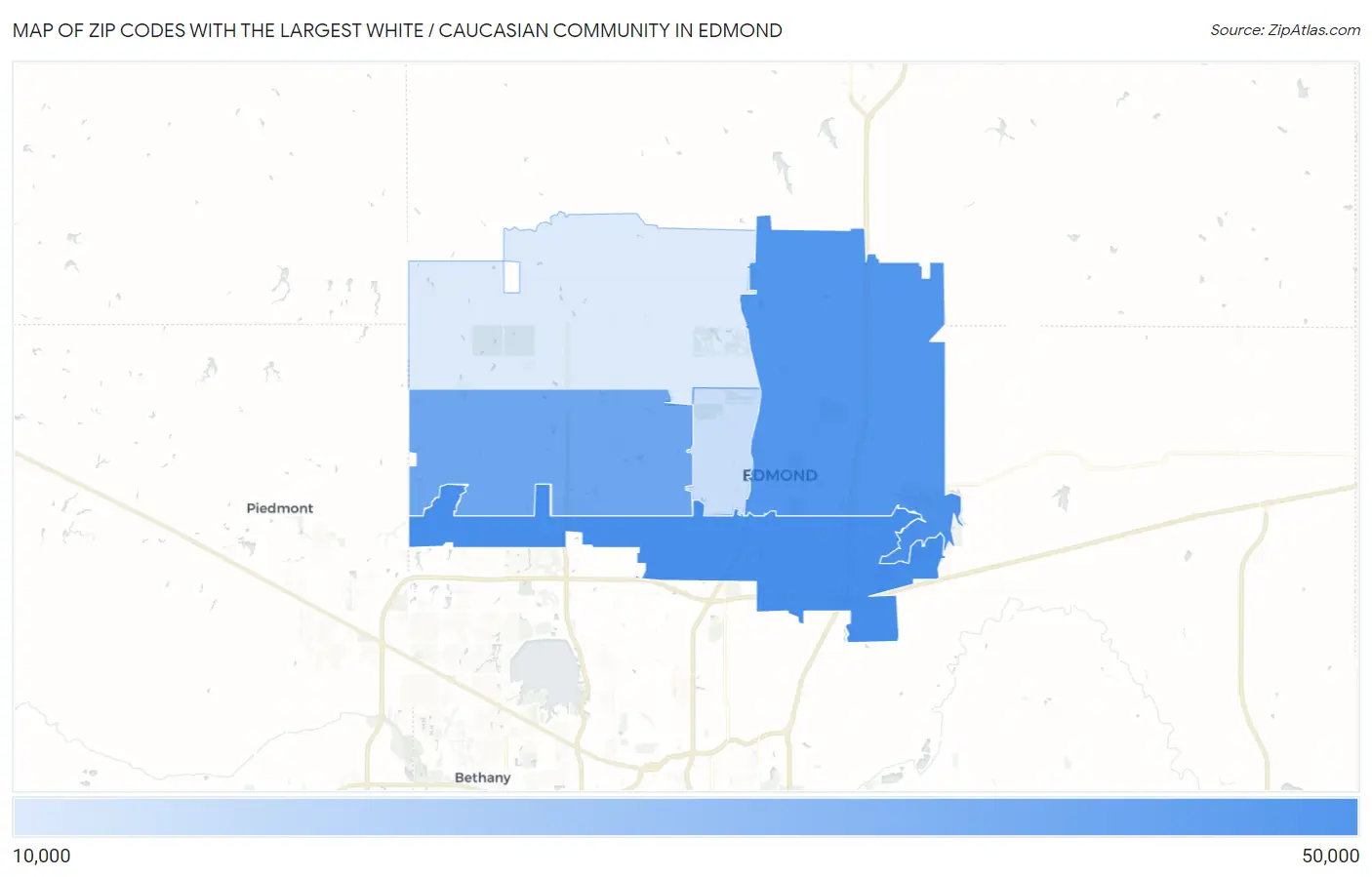 Zip Codes with the Largest White / Caucasian Community in Edmond Map