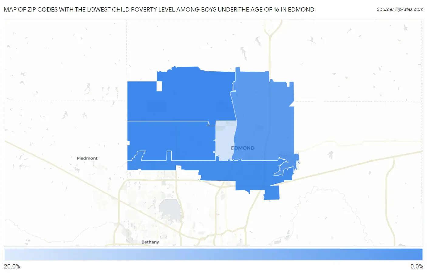 Zip Codes with the Lowest Child Poverty Level Among Boys Under the Age of 16 in Edmond Map