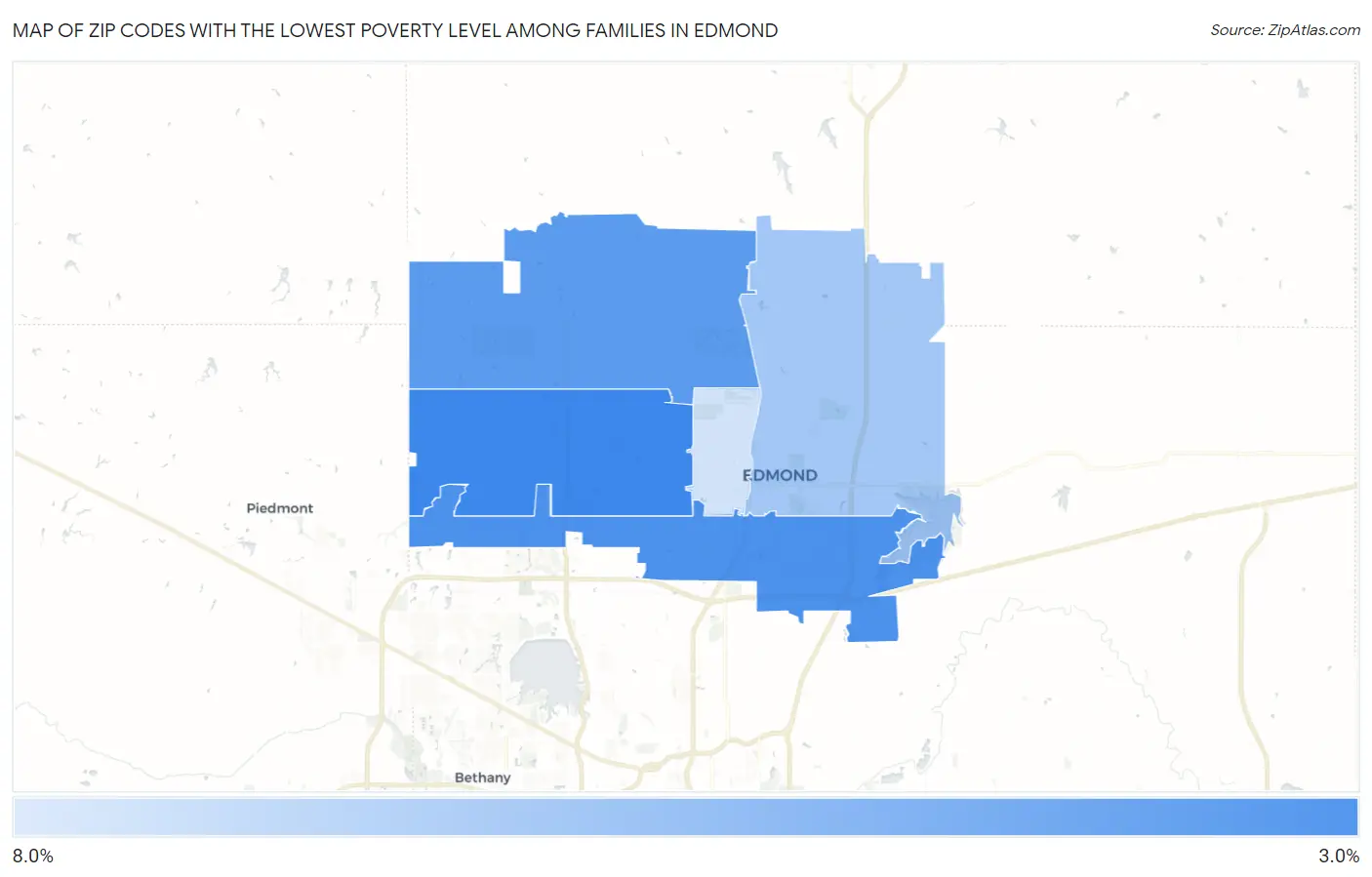 Zip Codes with the Lowest Poverty Level Among Families in Edmond Map