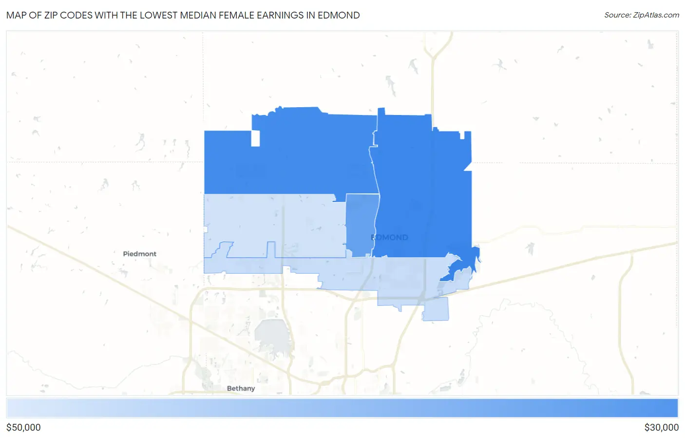 Zip Codes with the Lowest Median Female Earnings in Edmond Map