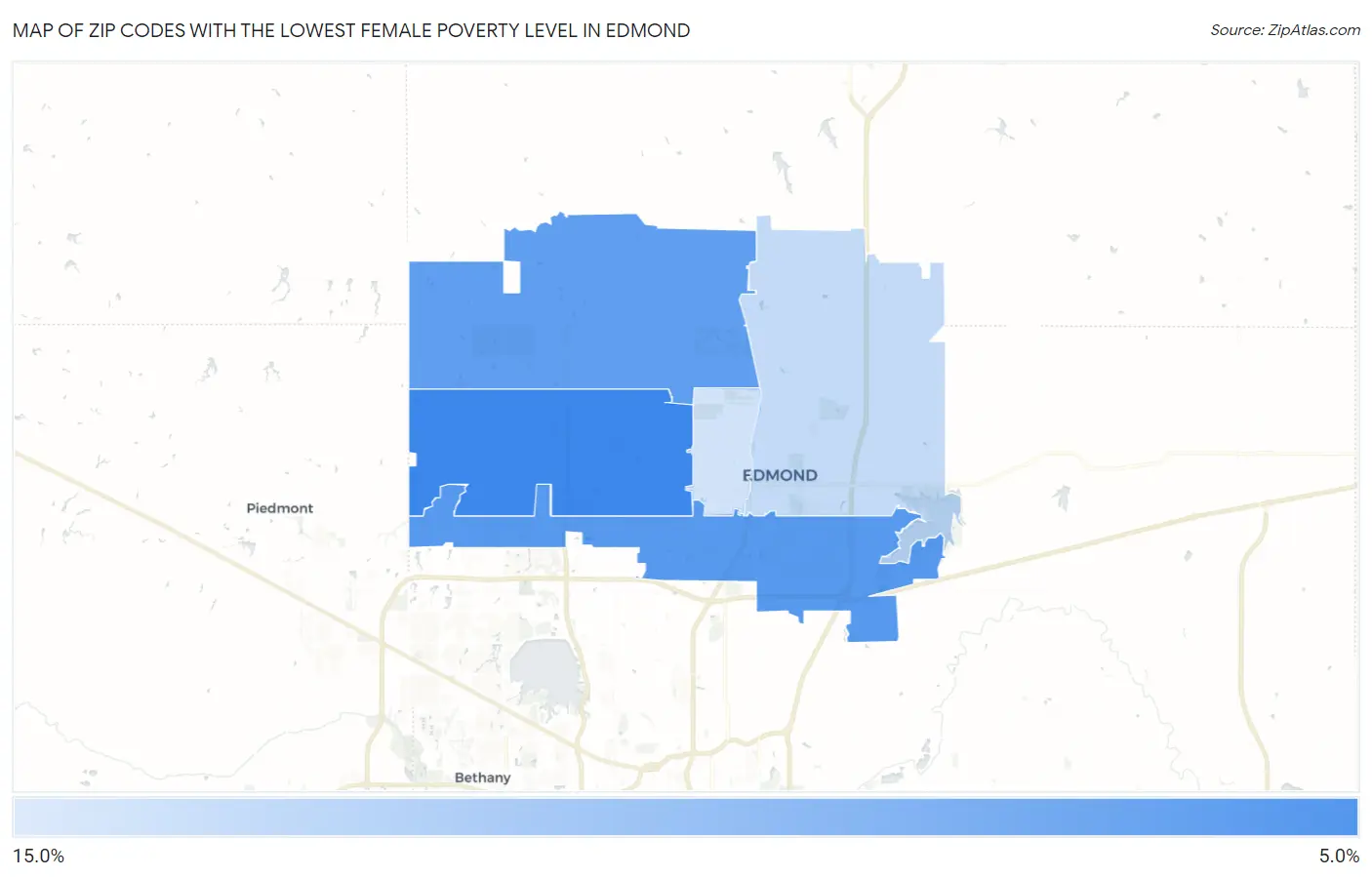 Zip Codes with the Lowest Female Poverty Level in Edmond Map