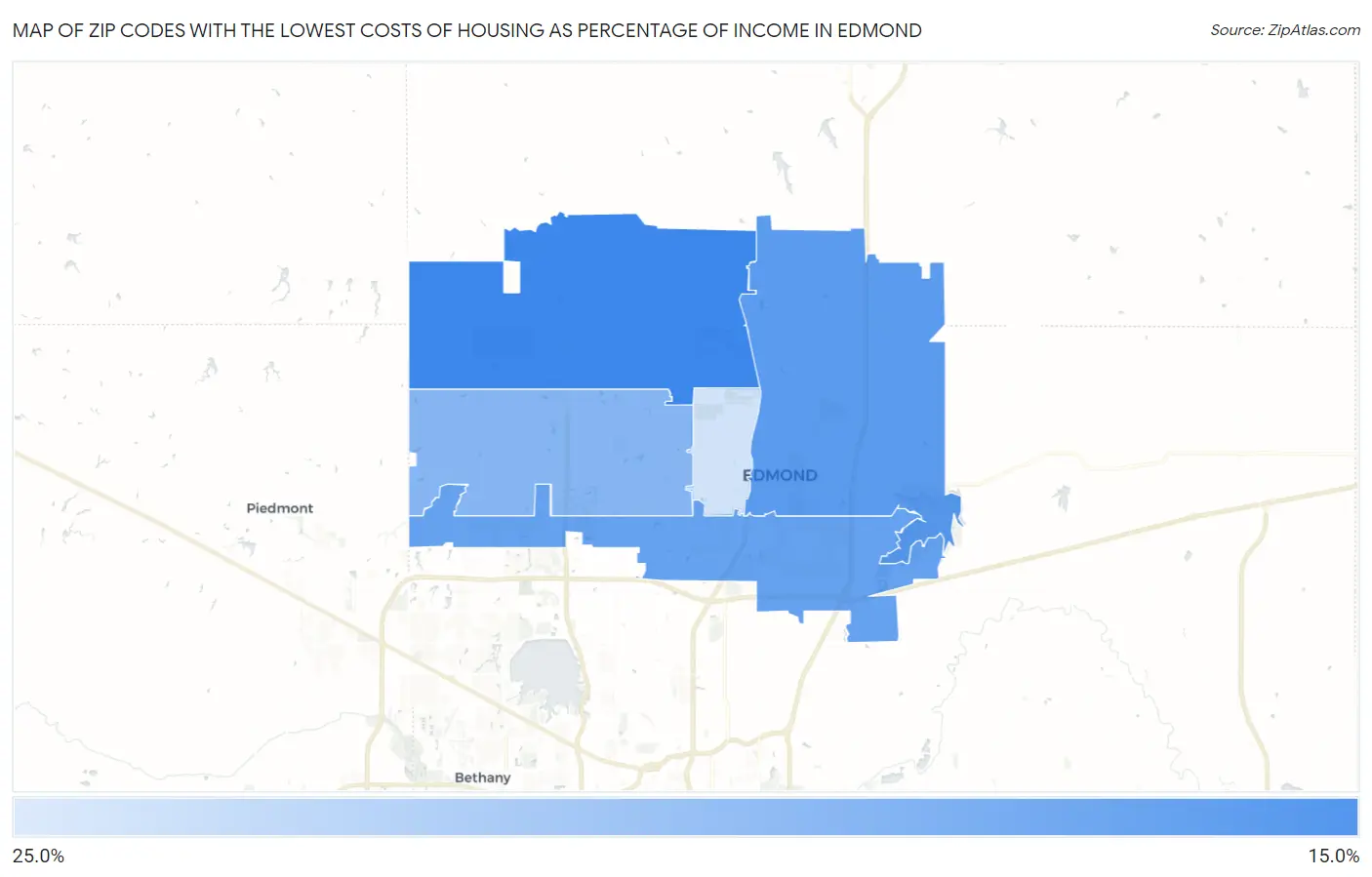 Zip Codes with the Lowest Costs of Housing as Percentage of Income in Edmond Map