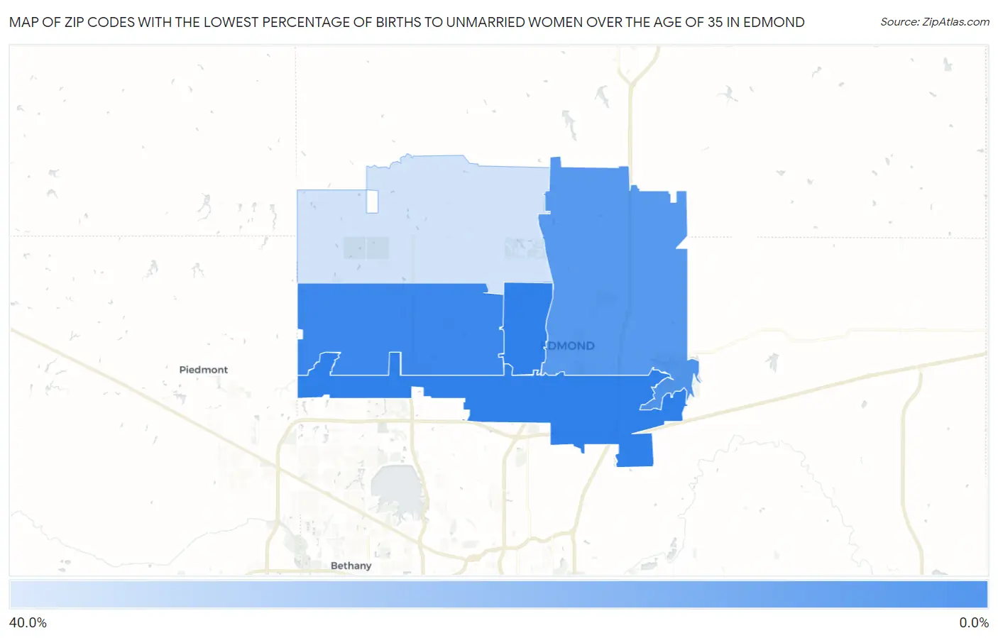Zip Codes with the Lowest Percentage of Births to Unmarried Women over the Age of 35 in Edmond Map