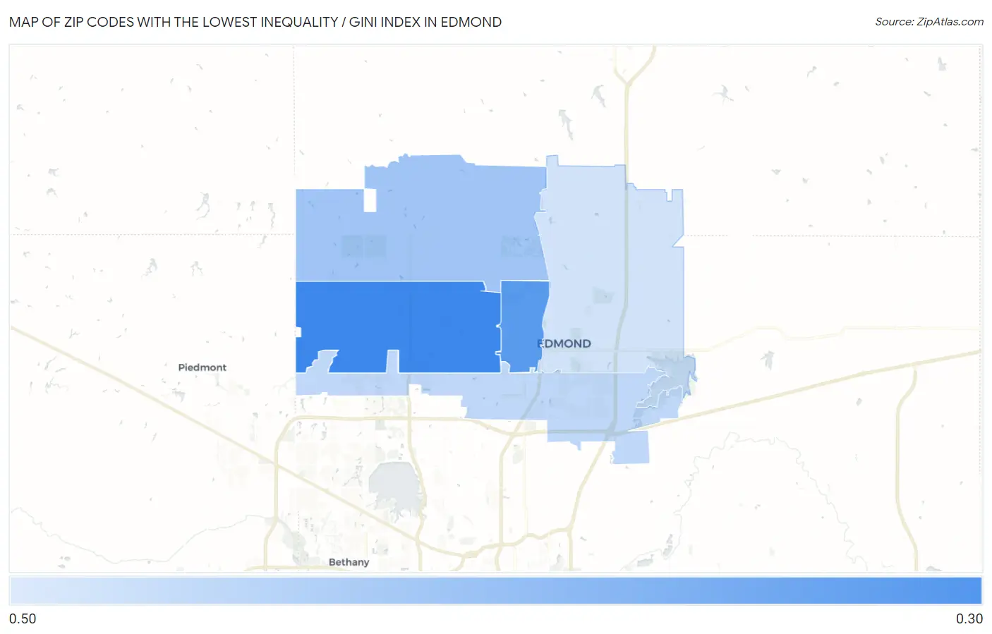 Zip Codes with the Lowest Inequality / Gini Index in Edmond Map