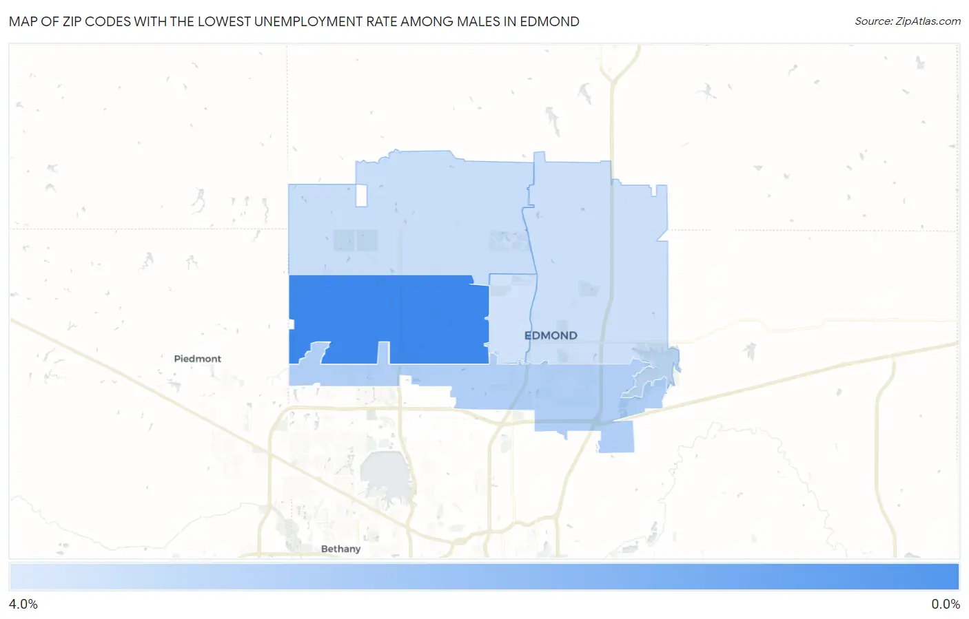 Zip Codes with the Lowest Unemployment Rate Among Males in Edmond Map