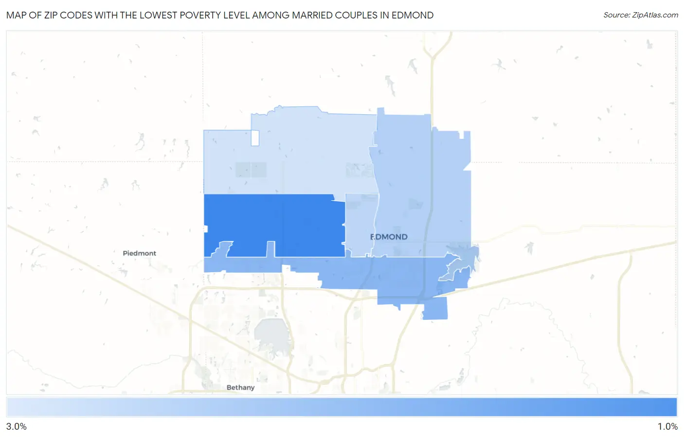 Zip Codes with the Lowest Poverty Level Among Married Couples in Edmond Map