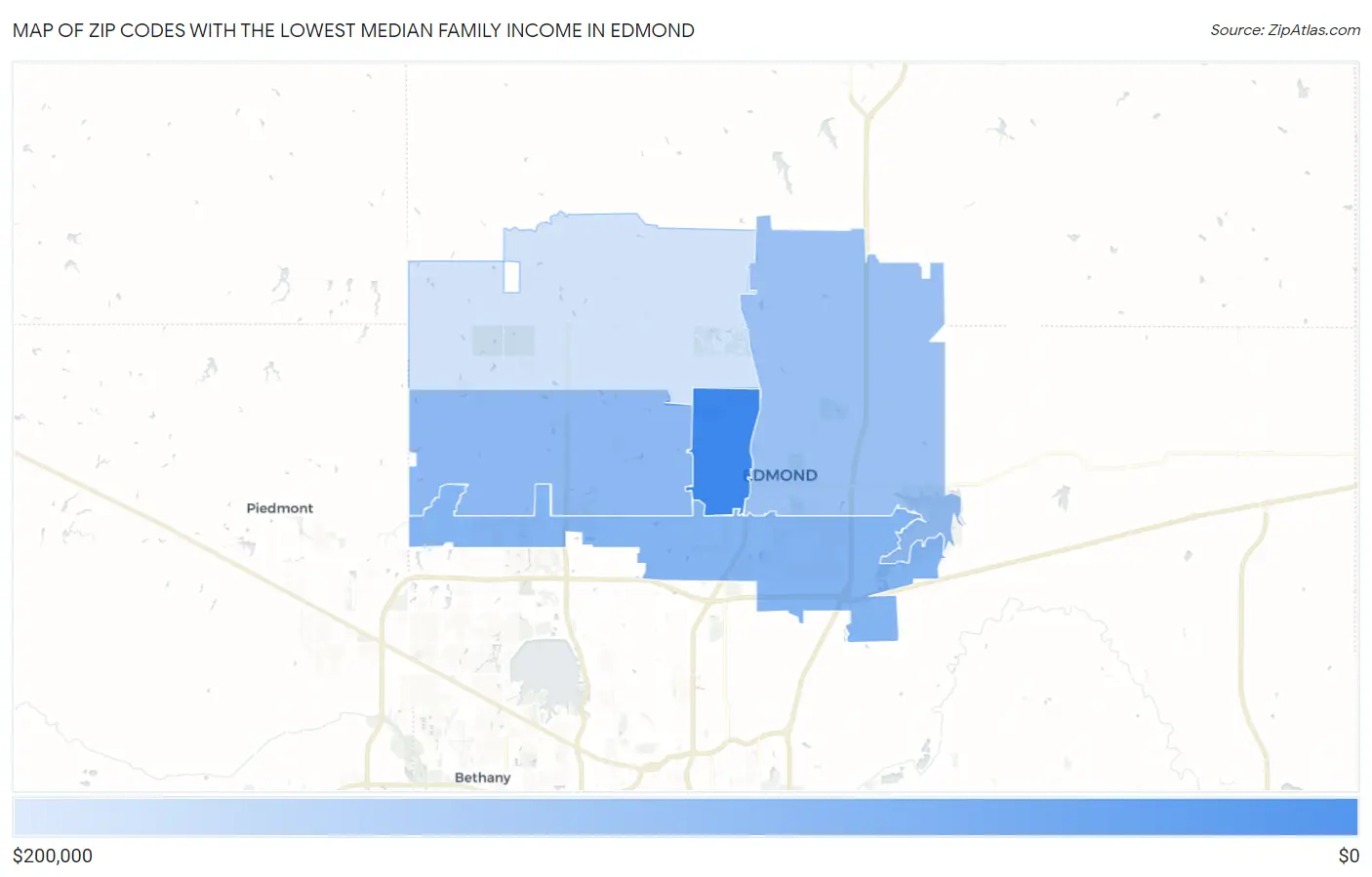 Zip Codes with the Lowest Median Family Income in Edmond Map