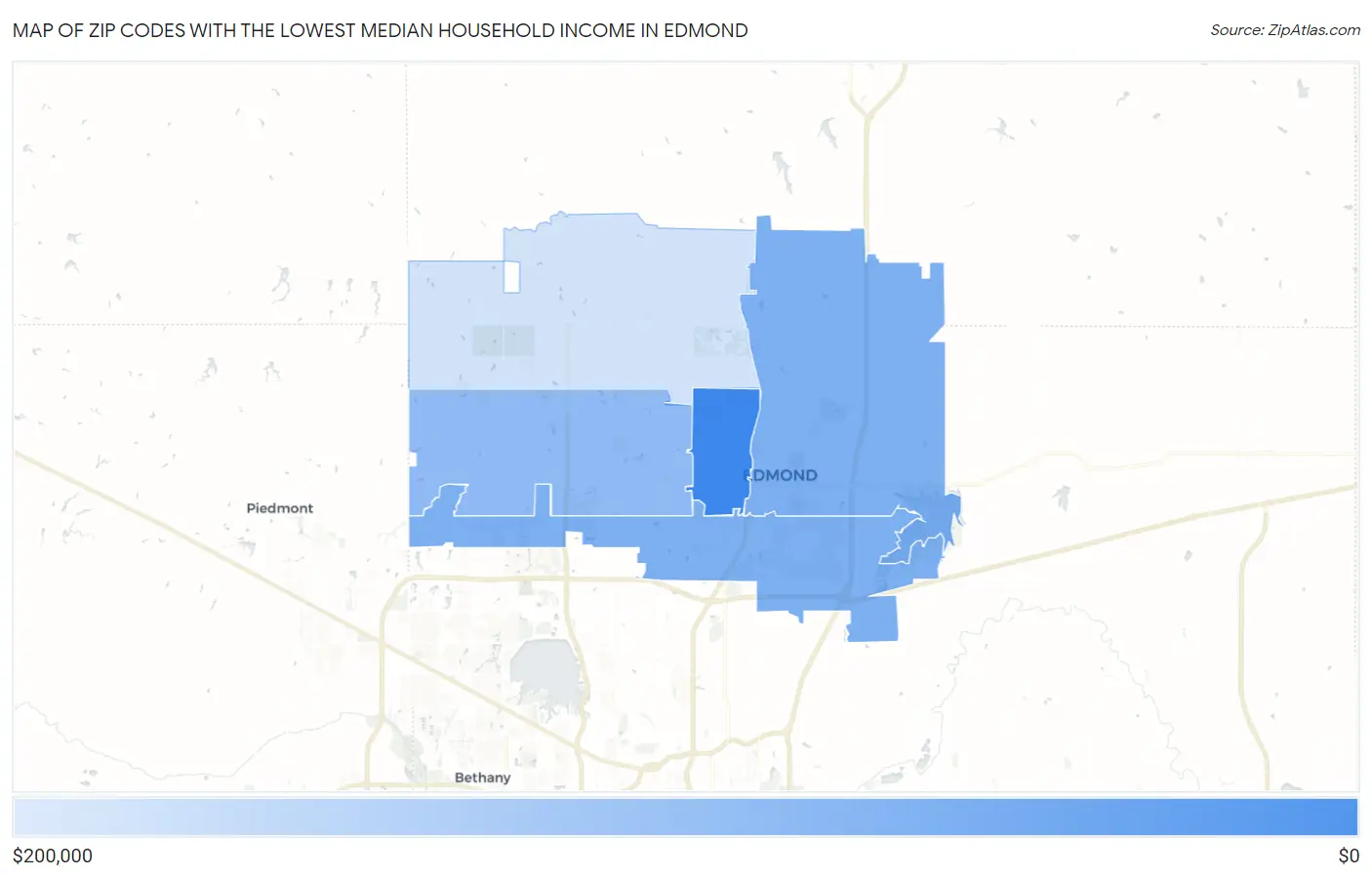 Zip Codes with the Lowest Median Household Income in Edmond Map