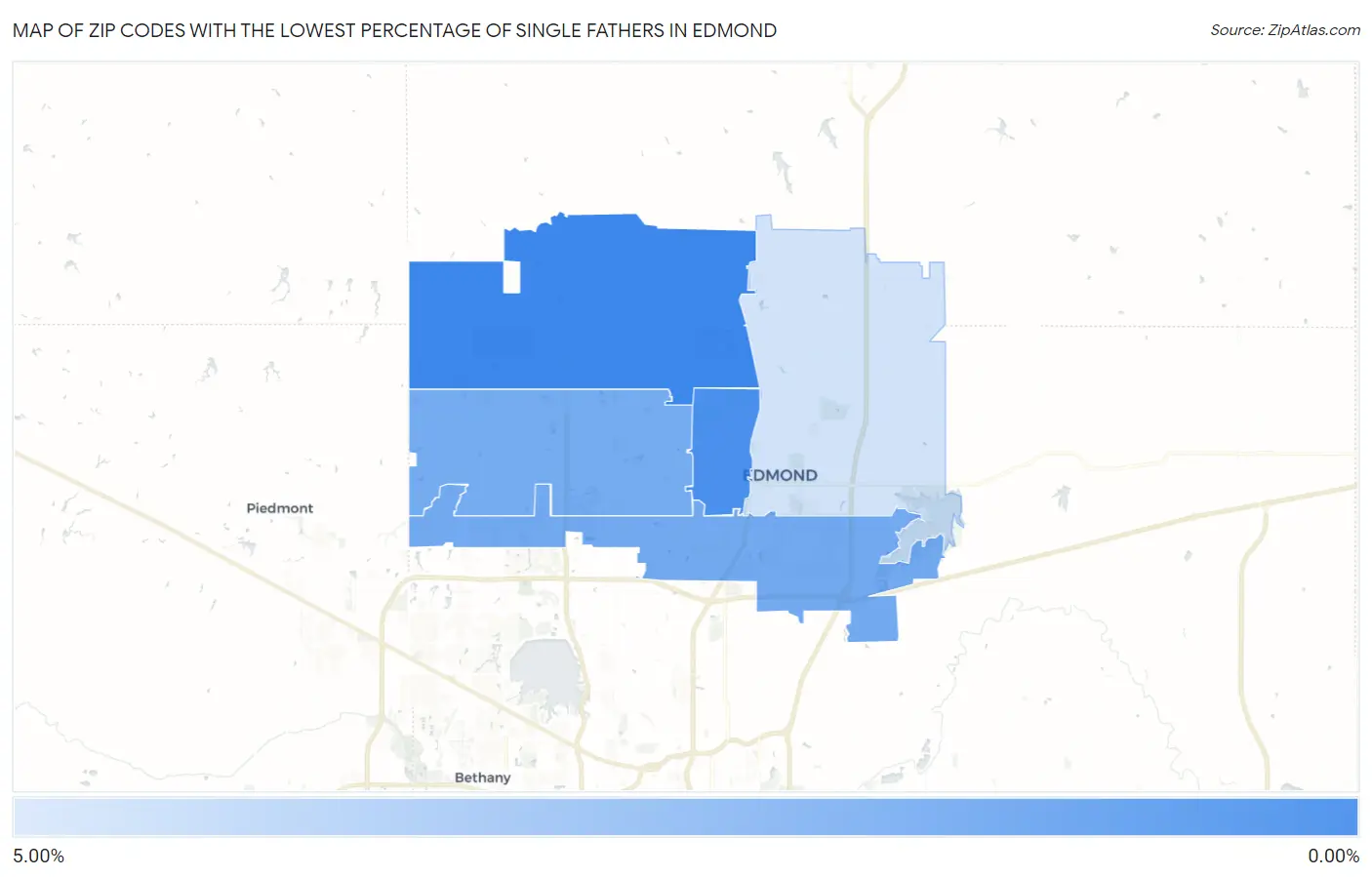Zip Codes with the Lowest Percentage of Single Fathers in Edmond Map
