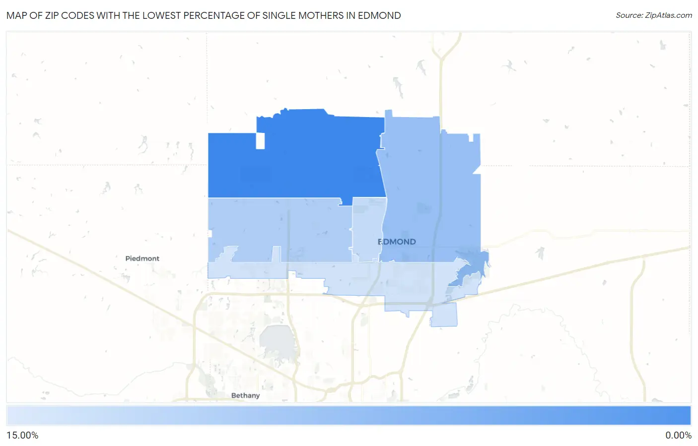 Zip Codes with the Lowest Percentage of Single Mothers in Edmond Map