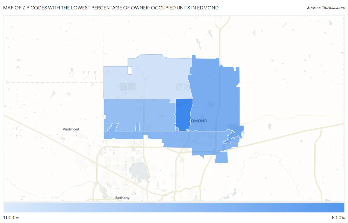 Zip Codes with the Lowest Percentage of Owner-Occupied Units in Edmond Map