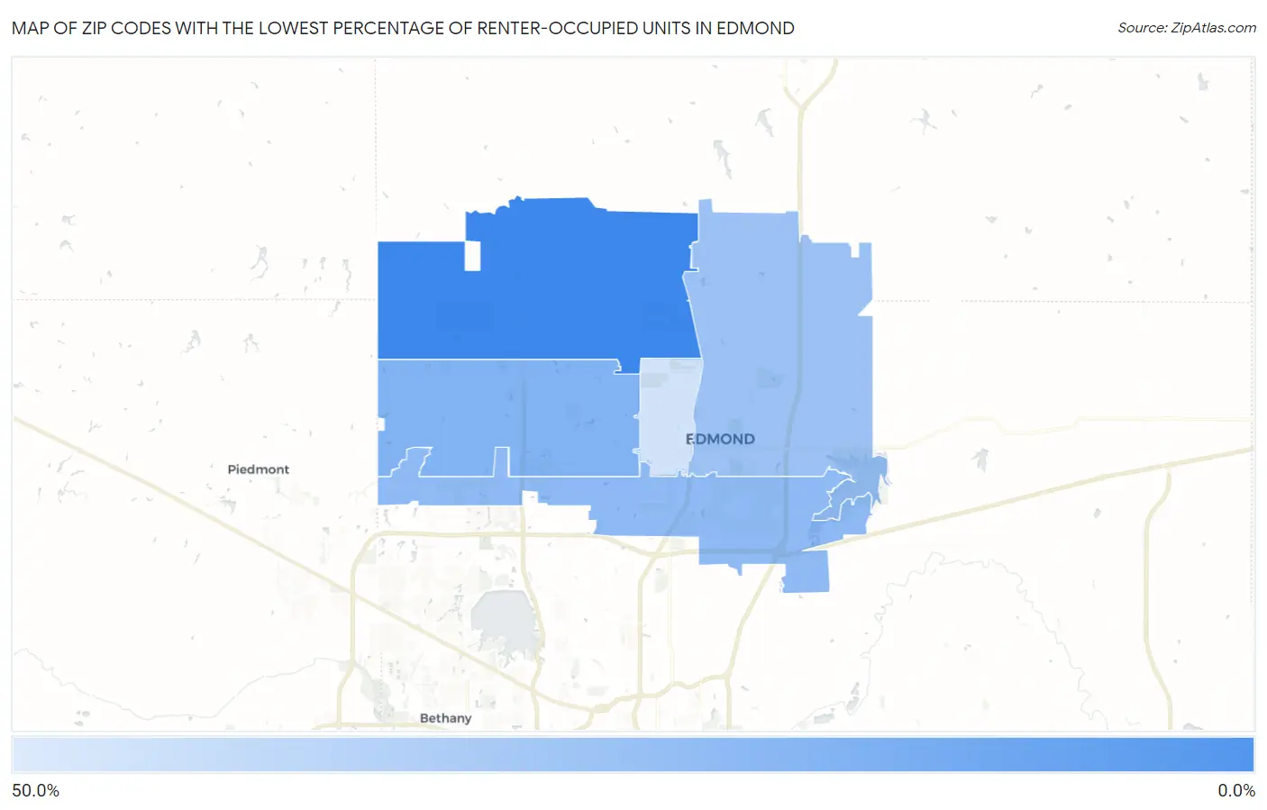Zip Codes with the Lowest Percentage of Renter-Occupied Units in Edmond Map